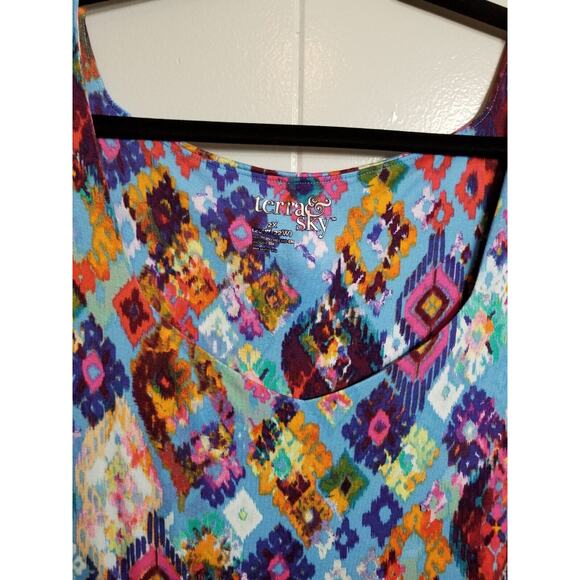Terra Sky Women's Sz 2X 20/22 Vibrant Tribal Short Balloon Sleeve Jersey knit... - Picture 2 of 9